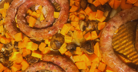 Sausage Rings, Sweet Potatoes & Mushrooms - Roasted to Perfection
