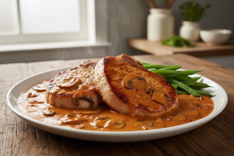 Pork Chops in Creamy Mushroom Sauce with Green Beans