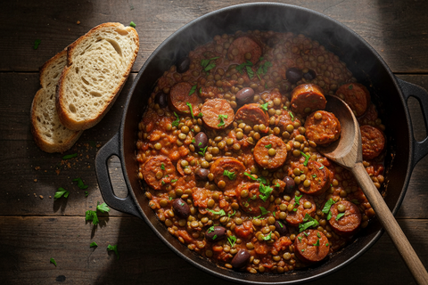 Hearty Green Lentil & Sausage Stew in Puttanesca Sauce