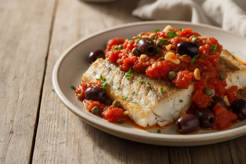 Mediterranean Baked Fish with Puttanesca Sauce