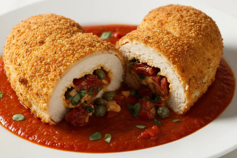 Puttanesca-Stuffed Chicken with Crispy Breadcrumbs