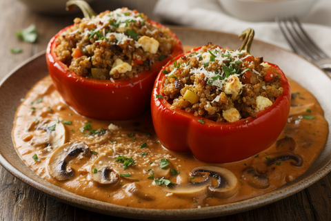Stuffed Red Peppers with Creamy Mushroom Sauce