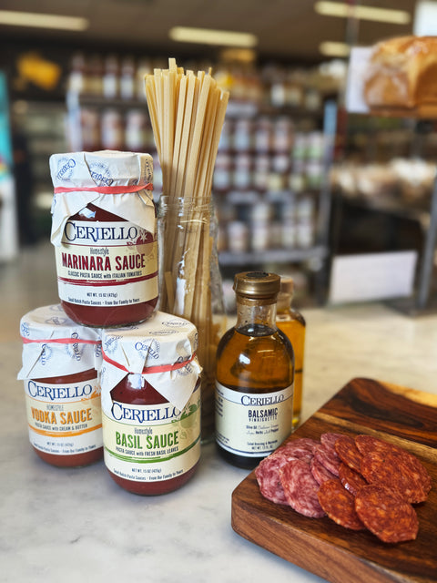 Ceriello pasta sauces, pasta, Balsamic Vinaigrette and sliced salami
