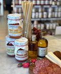 Ceriello pasta sauces, pasta, dressing, cherry peppers, Perfetto chocolates, salami and cheese