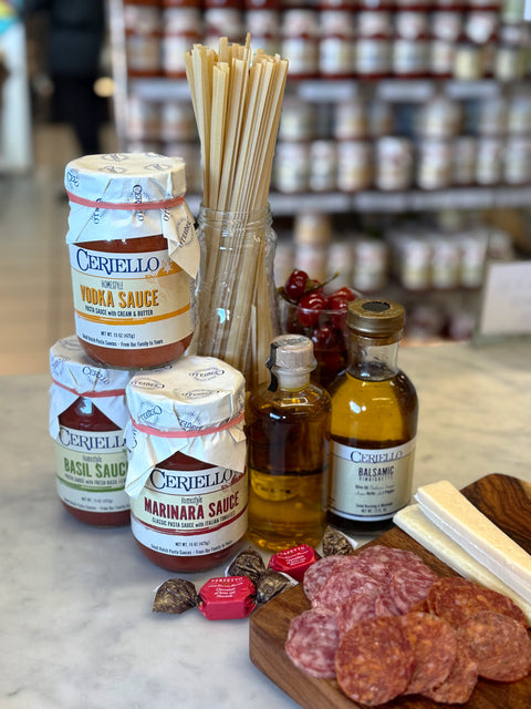 Ceriello pasta sauces, pasta, dressing, cherry peppers, Perfetto chocolates, salami and cheese