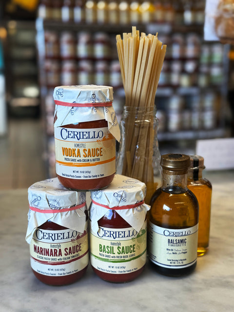 Ceriello pasta sauces with imported pasta and Ceriello Balsamic Vinaigrette