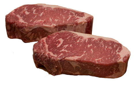 Two Prime dry aged NY strip steaks