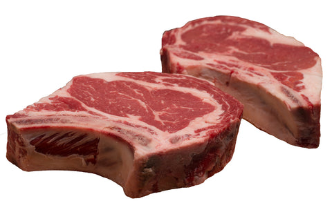 Two Prime dry aged bone-in rib steaks